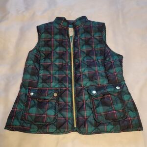 St. John's Bay Green Plaid Quilted Vest Pockets Tartan Full Zip Medium Winter